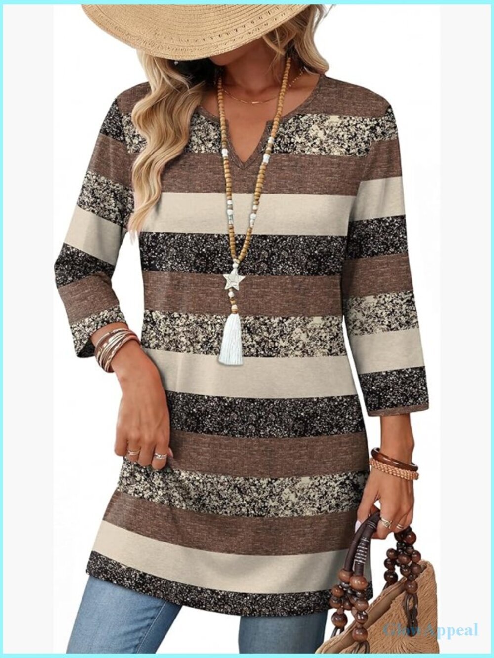 Boho Tunic Top 3/4 Sleeve V-Neck Summer Travel Clothes Plus Size